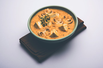 Mushroom Paneer curry or sabzi, served in a bowl. selective focus