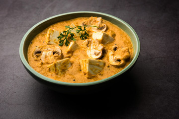 Mushroom Paneer curry or sabzi, served in a bowl. selective focus