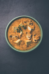 Mushroom Paneer curry or sabzi, served in a bowl. selective focus
