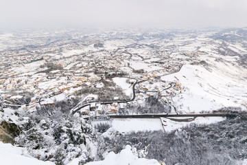 Winter landscape in San Marino with snow