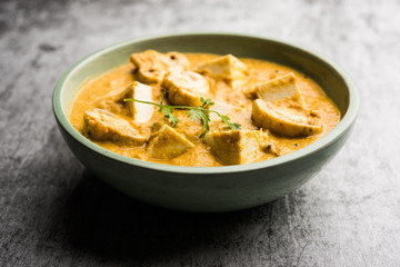 Mushroom Paneer curry or sabzi, served in a bowl. selective focus