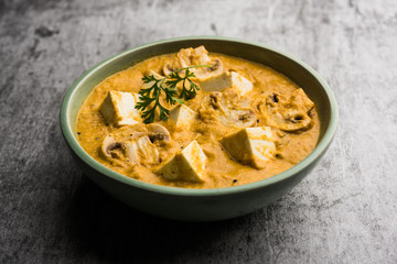 Mushroom Paneer curry or sabzi, served in a bowl. selective focus
