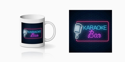 Neon print of karaoke music bar on cup mockup. Branding identity design sign of a nightclub with live music on mug
