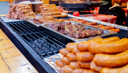 traditional sausages in Christmas market in Wroclaw, Poland