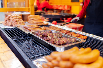 traditional sausages in Christmas market in Wroclaw, Poland