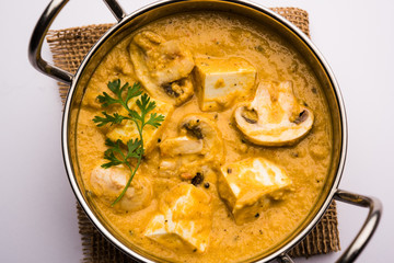 Mushroom Paneer curry or sabzi, served in a bowl. selective focus
