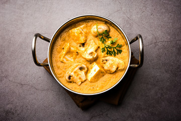 Mushroom Paneer curry or sabzi, served in a bowl. selective focus