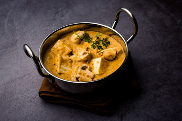 Mushroom Paneer curry or sabzi, served in a bowl. selective focus
