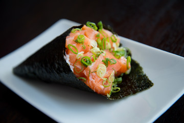 temaki cone-shaped sushi with raw salmon, japanese food, philadelphia temaki, temaki, temaki with salmon, background image, background food,  asian food, japanese cuisine