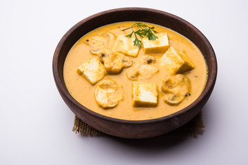 Mushroom Paneer curry or sabzi, served in a bowl. selective focus