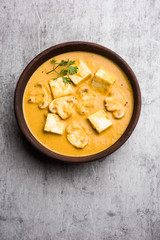 Mushroom Paneer curry or sabzi, served in a bowl. selective focus