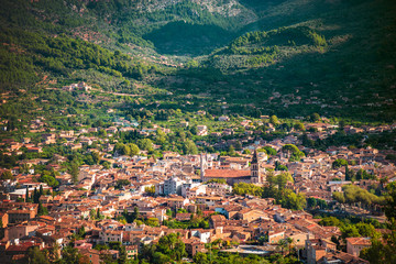 Fototapeta na wymiar Soller town with church and mointains from above, Mallorca, Spain