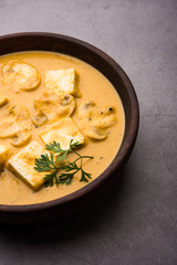 Mushroom Paneer curry or sabzi, served in a bowl. selective focus