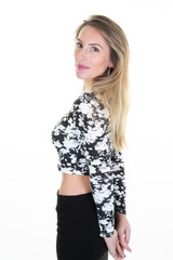 Beautiful woman blonde side portrait slim perfect beauty body