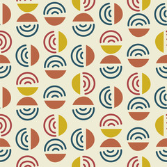 Circle and line shapes abstract modern seamless pattern. Blue yellow repeat background for wrap, textile and print design.