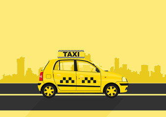 Yellow cab with city in the background. Illustration with the dominance of yellow with space for any text. Flat vector.