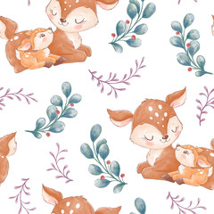 Seamless pattern with forest animals deer