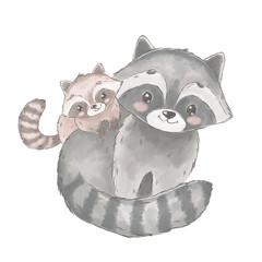 Cute cartoon racoons. Mother and baby. Posters for baby room, greeting cards, kids and baby t-shirts and wear, hand drawn nursery illustration.