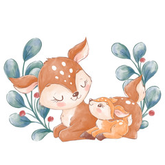 Cute cartoon deers. Mother and baby animals