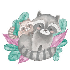Cute cartoon racoons. Mother and baby. Posters for baby room, greeting cards, kids and baby t-shirts and wear, hand drawn nursery illustration.