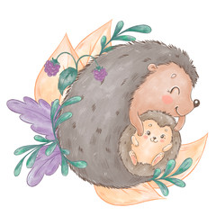 Cute cartoon hedgehogs. Mother and baby animals