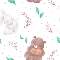 Seamless pattern with forest animals bunnies, bears