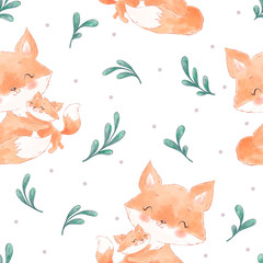 Seamless pattern with forest animals foxes