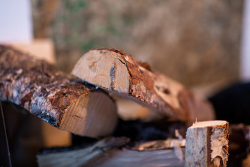 Ax carved firewood indoors