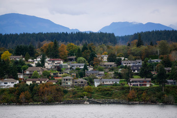 Campbell River, Vancouver Island, British Columbia, Canada. Beautiful view of residential homes on the ocean shore during a cloudy evening.