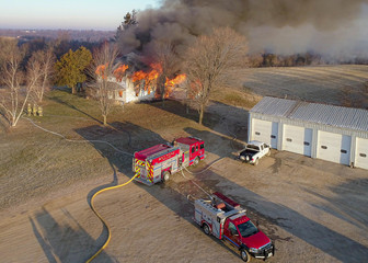 Fire Trucks Respond House Fire Aerial 1