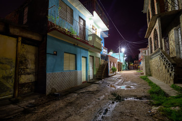 Trinidad, Cuba. Street view of a Residential neighborhood in a small Cuban Town during night time.