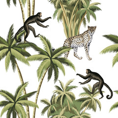 Tropical vintage botanical palm tree, leopard and monkey floral greenery seamless pattern white background. Exotic jungle wallpaper.
