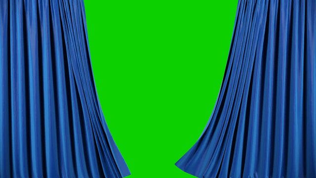 Blue velvet theater curtains in motion. Opening curtains with green chroma key.