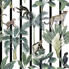 Tropical vintage wild animals, bird, palm trees, banana tree floral seamless pattern black and white striped background. Exotic botanical jungle wallpaper.