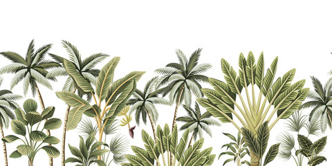 Panele Szklane  Tropikalne vintage botaniczne palmy, drzewo bananowe kwiatowy bezszwowe granica białe tło. Tapeta egzotyczna dżungla.