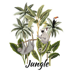 Tropical vintage palm trees, banana tree, toucan and animals floral illustration. Exotic jungle art print. © good_mood
