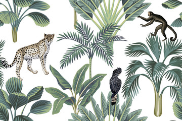 Tropikalna małpa vintage, lamparty, czarny ptak, palmy, bananowiec kwiatowy wzór białe tło. Tapeta egzotycznej dżungli. - 311094973