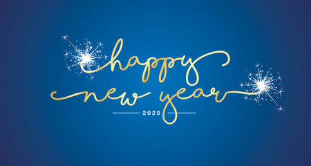 Happy New Year 2020 handwritten lettering tipography sparkle firework gold white blue background greeting card