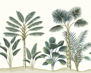 Stickers pour porte Paysage botanique vintage Tropical vintage palmiers hawaïens, bananier, plante florale transparente motif fond blanc. Fond d& 39 écran de la jungle exotique.