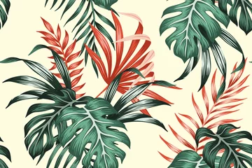 Crédence de cuisine en verre imprimé Palmiers Feuilles de palmier tropical vintage rouge et vert motif floral sans soudure de fond jaune. Fond d& 39 écran de la jungle exotique.
