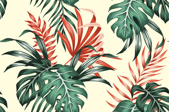 Tropical vintage red, green palm leaves floral seamless pattern yellow background. Exotic jungle wallpaper.