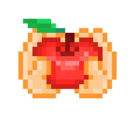 Two hands holding big red apple with a leaf, pixel art icon isolated on white. 8 bit fruit. Diet symbol. Old school vintage retro slot machine/video game graphics.  Sharing concept. Healthy food sign.