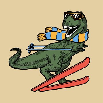 T-rex ski character. Dinosaur in glasses and scarf skiing. Funny winter sports dino.