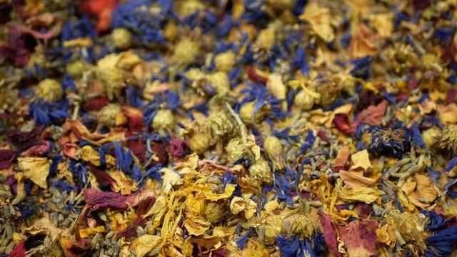 Herbal tea dried blend mixture of rose, cornflower, hibiscus, thyme leaf petals and mother-of-tea for high-quality teas as well as decorative. traditional folk medicine, diseases hectic stressful