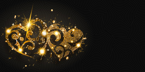Valentine's day card with two shiny hearts of golden sparkles with glares and shadows on dark background