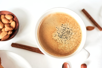 cup of fresh espresso on table, view from above