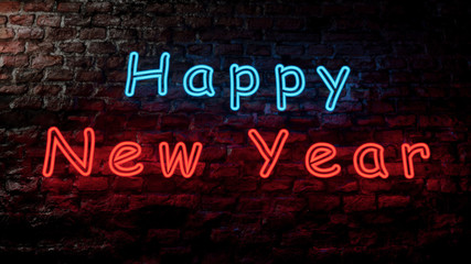 Close up view of neon sign Happy New Year on red brick wall.2020. Pink Blue. 3D rendered.