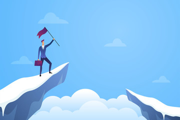 Successful businessman holding a flag on top of mountain vector. Symbol of success, achievement victory, top career and leadership flat illustration