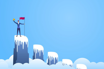 Successful businessman holding a flag and trophy on graph bar vector. Symbol of success, achievement victory, top career and leadership flat illustration