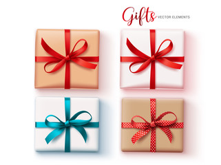 Gifts vector object set. Gift element for christmas, birthday and anniversary celebration in top view isolated in white background. Vector illustration.
